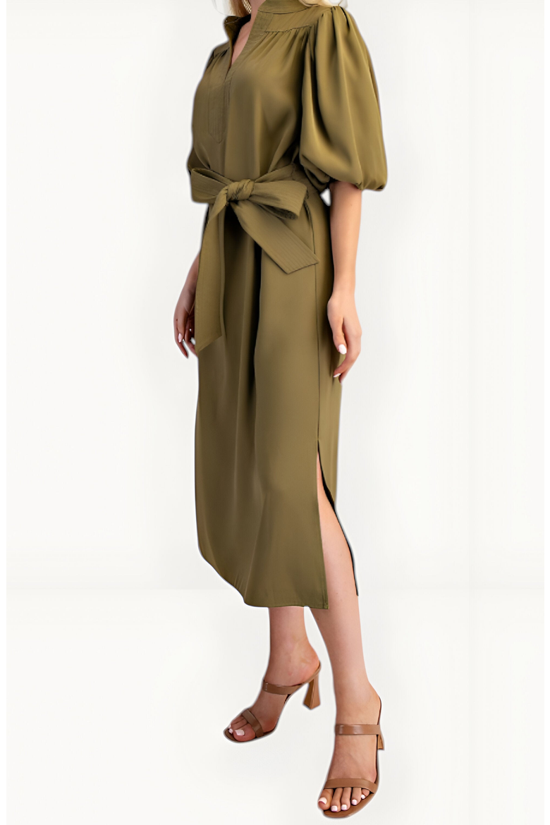Belted Midi Dress with Puff Elbow Sleeves and Keyhole Neckline, Alternate, color, Olive Green