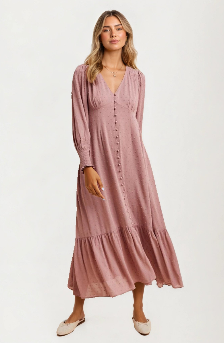 Knit and Lounge Button Front Puff Sleeve Maxi Dress, Alternate, color, 