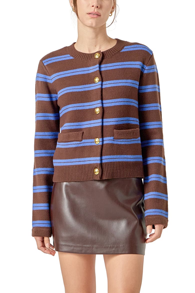 Stripe Button Cardigan, Alternate, color, BROWN/ BLUE