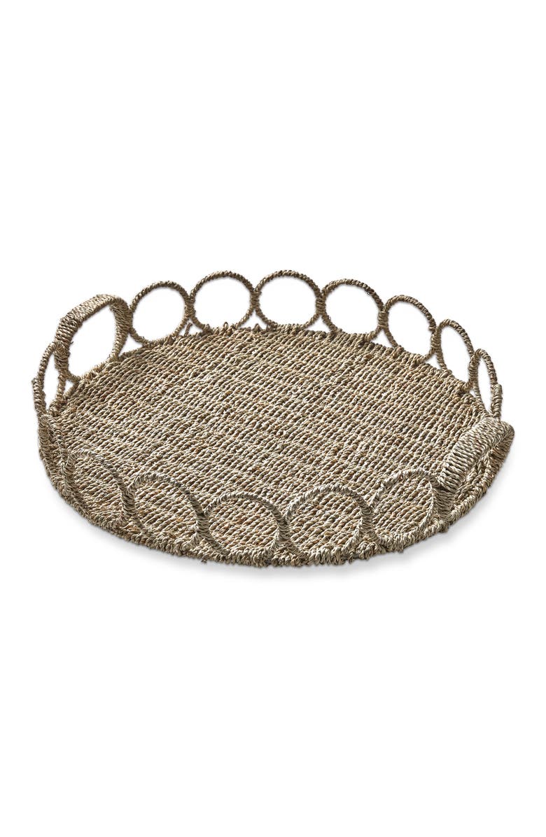 tag Natural Seagrass Round Serving Tray with Handles Decorative, Main, color, Beige