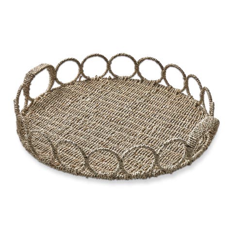 Natural Seagrass Round Serving Tray with Handles Decorative