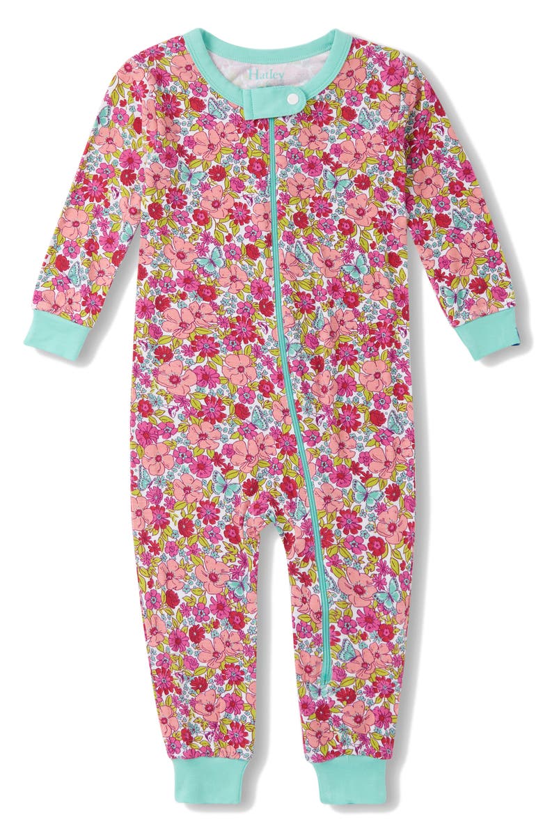 Hatley Groovy Flowers Print Romper, Main, color, Flamingo Pink