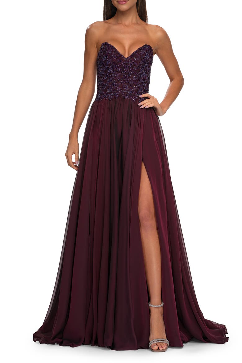 Chiffon Gown with High Slit and Strapless Lace Top, Alternate, color, Garnet