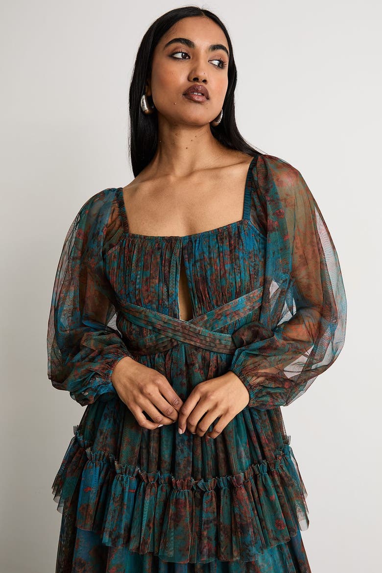 Abstract Print Cut Out Maxi Dress, Alternate, color, Blue