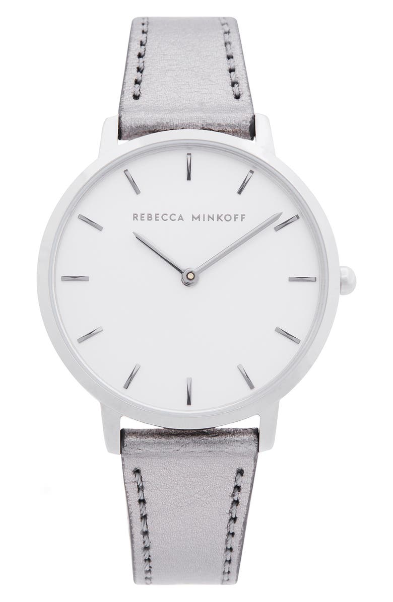 Rebecca Minkoff Major Metallic Leather Strap Watch, 35mm, Main, color, 