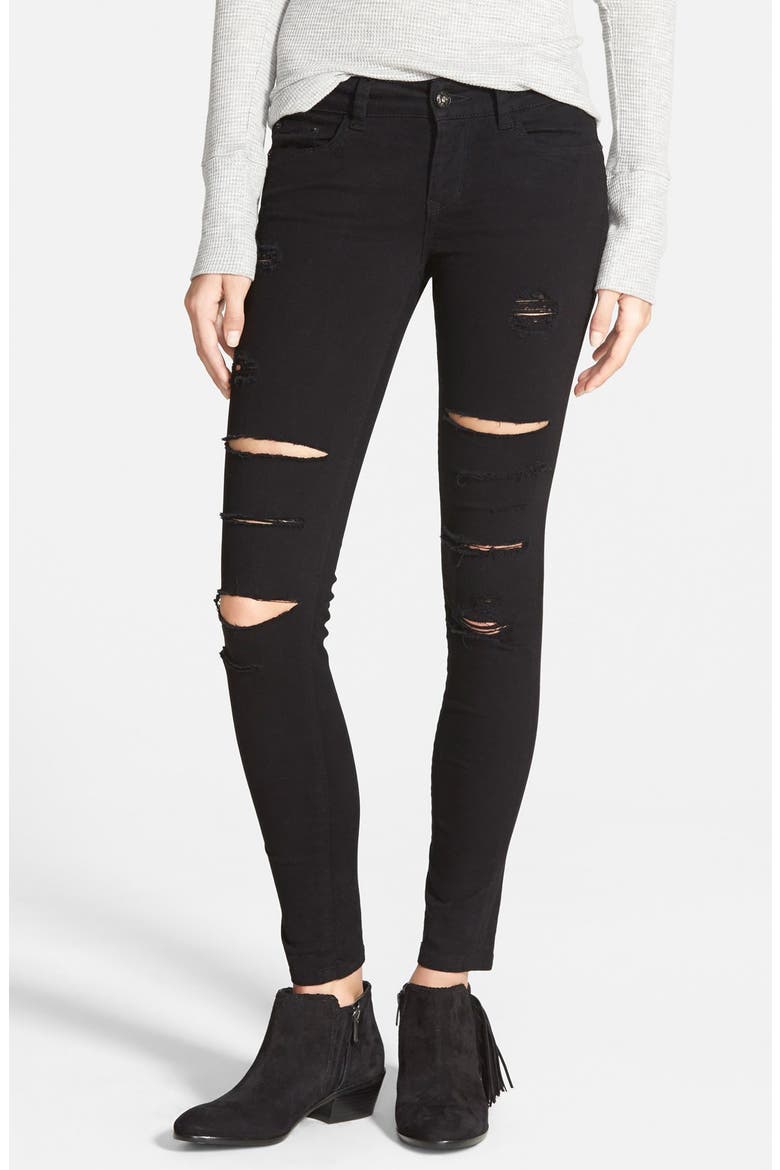 Destroyed Low Rise Skinny Jeans, Main, color, BLACK