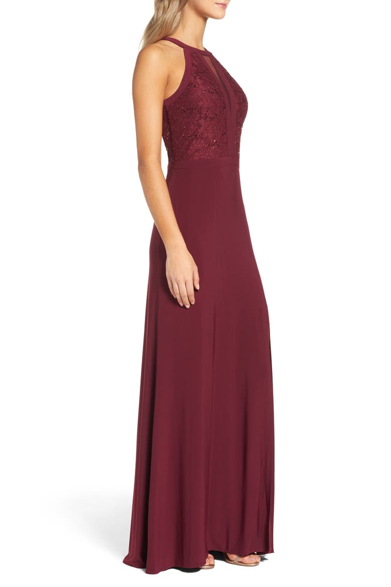 Lace & Jersey A-Line Gown, Alternate, color, MERLOT