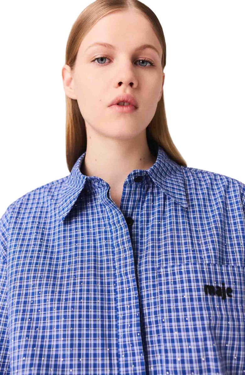 maje Stretch cotton rhinestone jumpsuit, Alternate, color, Blue Rhinestoned Tiles Print