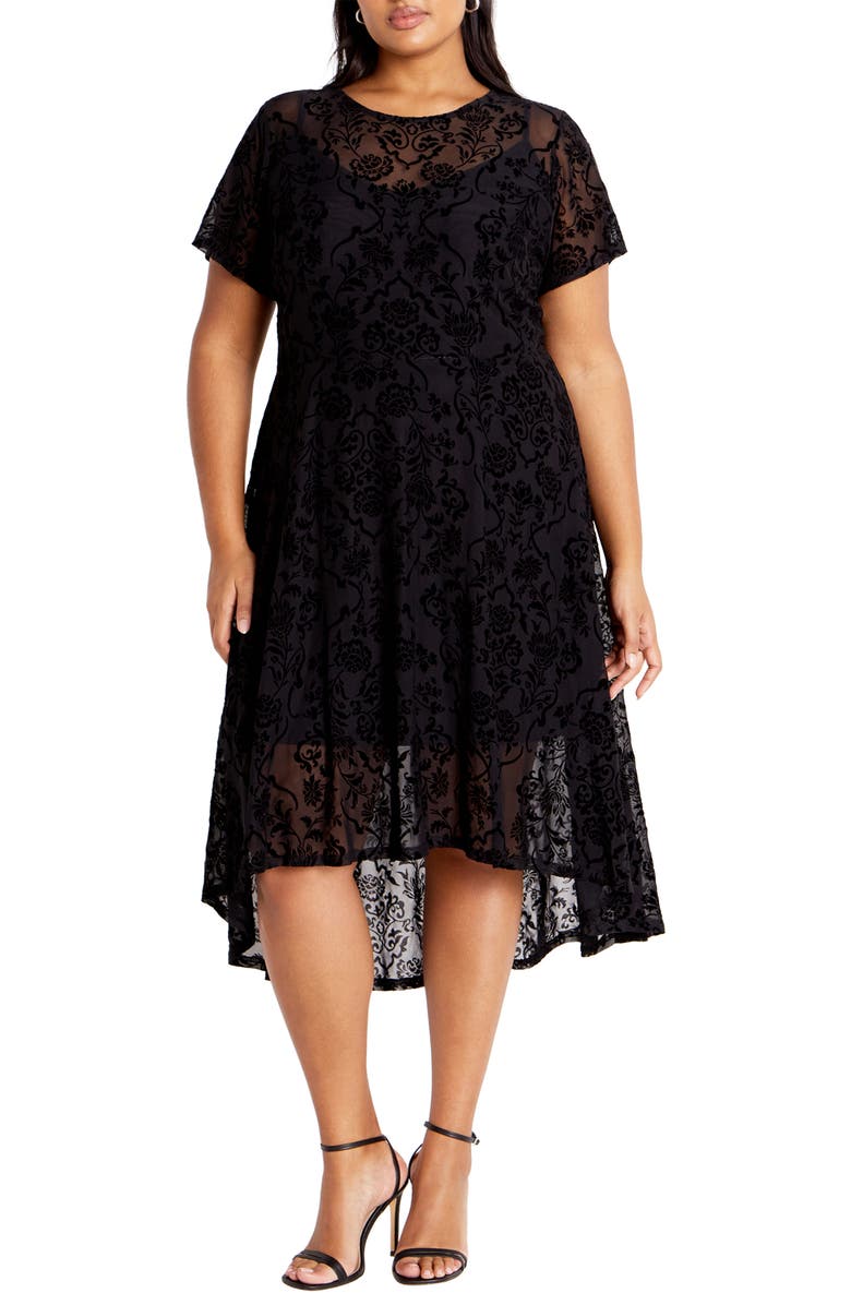 City Chic Sienna Velvet Burnout High-Low Dress, Main, color, Black