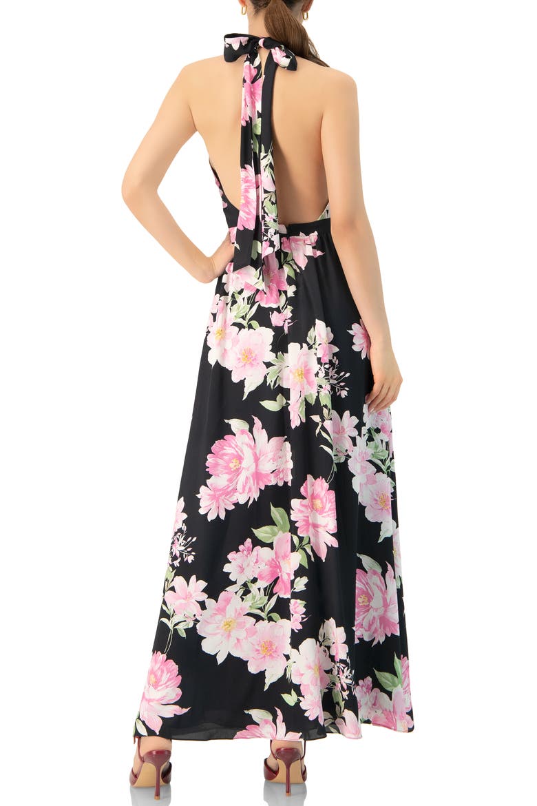 Floral Halter Neck Backless Maxi Dress, Alternate, color, Black