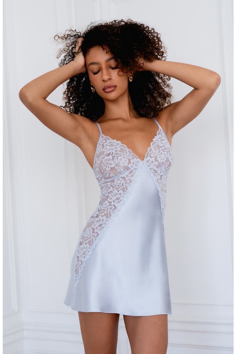 Mina Lace Trim Satin Chemise, Alternate, color, BLUE THISTLE