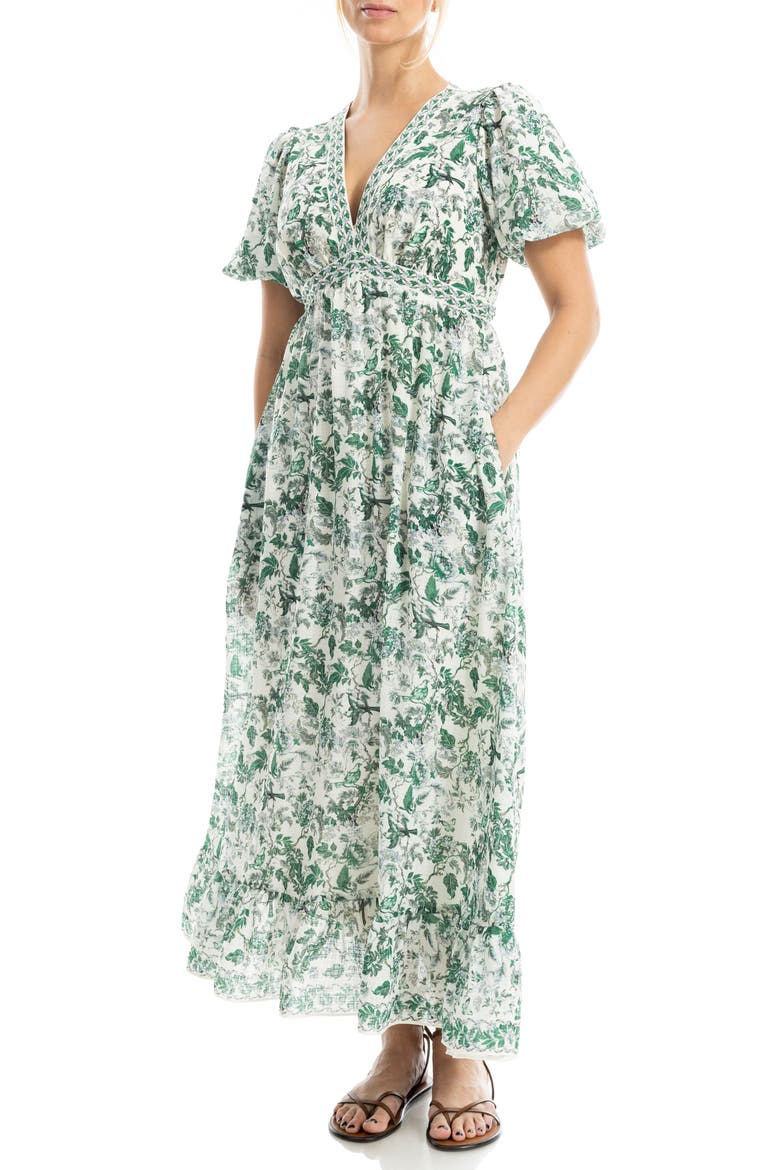 Flutter Sleeve Empire Waist Maxi Dress, Alternate, color, CREAM/ GREEN LUSH GARDEN