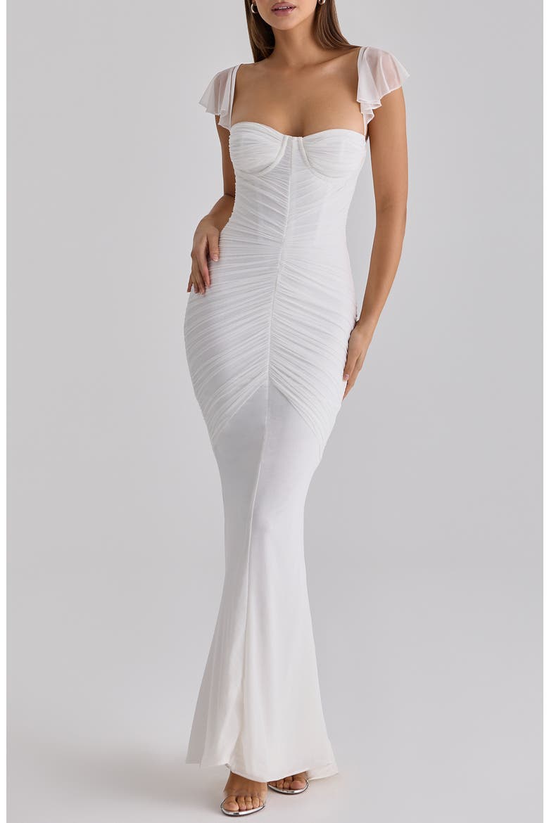 Antonella Ruched Mesh Dress, Alternate, color, WHITE