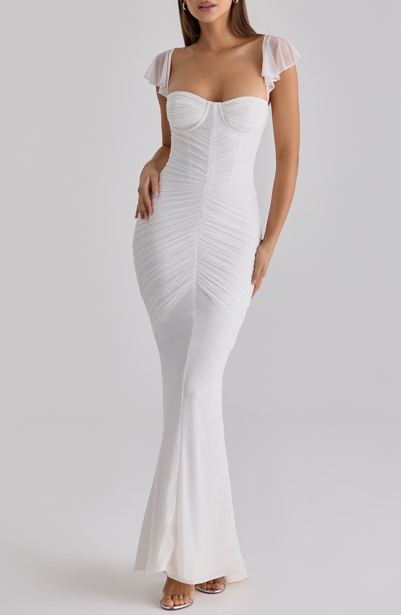 HOUSE OF CB Antonella Ruched Mesh Dress, Alternate, color, White
