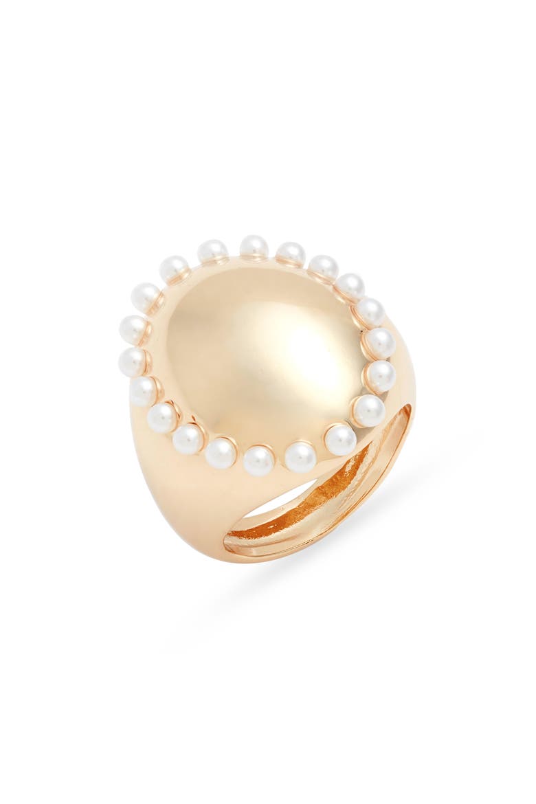 Faux Pearl Border Signet Ring, Main, color, WHITE- GOLD