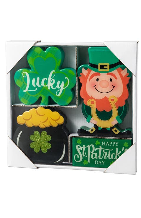 Set of 4 St. Patrick's Epoxy Wooden Shamrock & Pot of Gold & Leprechaun Table Decor
