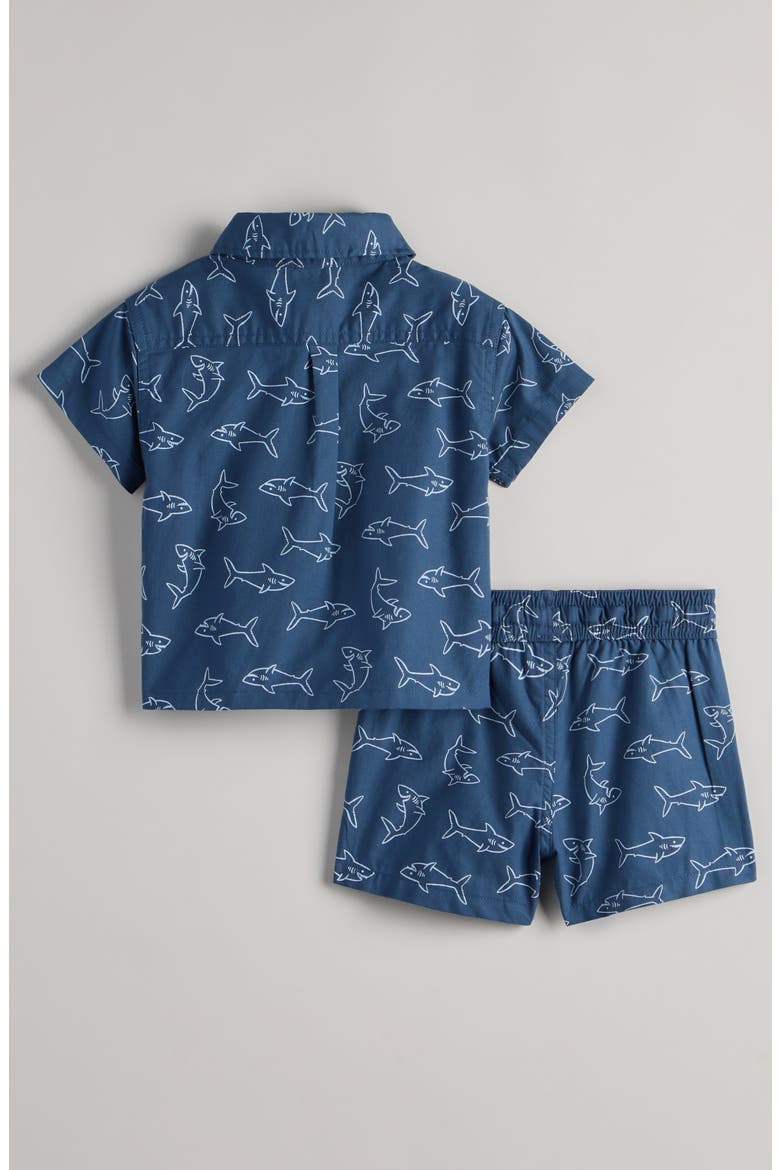 Print Short Sleeve Button-Up Shirt & Shorts Set, Alternate, color, NAVY DENIM HAPPY SHARKS
