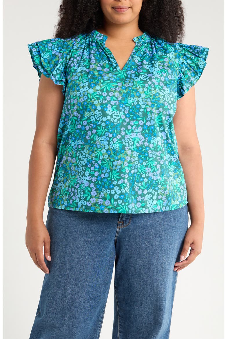 Midnight Floral Ruffle Top, Main, color, EMERALD GREEN/ BLUE