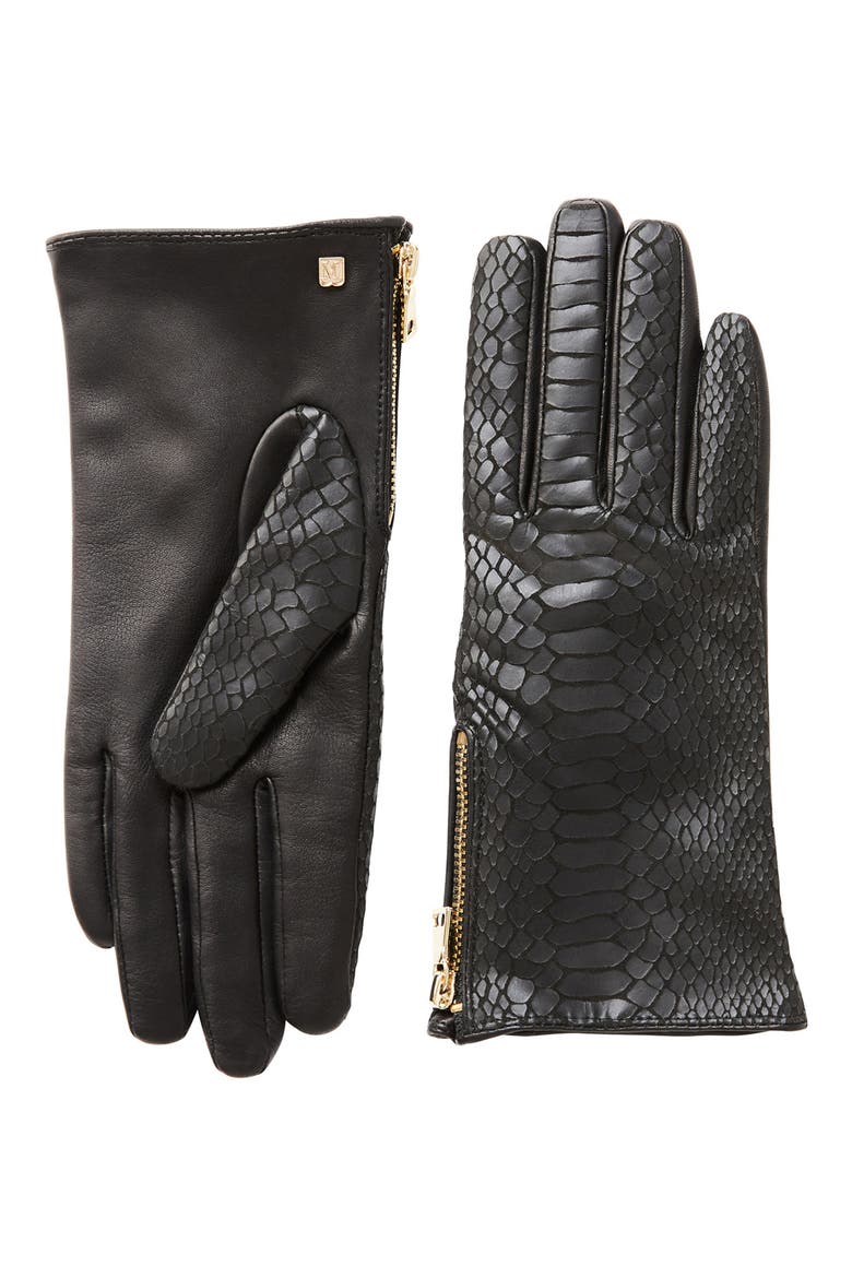 Snakeskin Embossed Leather Cashmere Lined Gloves, Main, color, BLACK