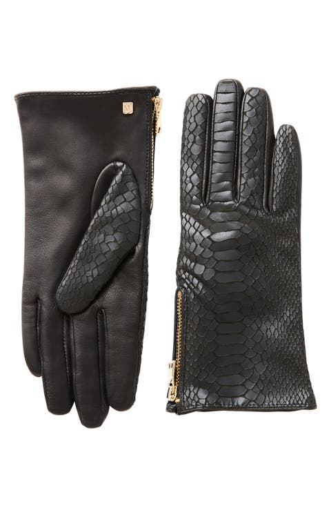 Snakeskin Embossed Leather Cashmere Lined Gloves