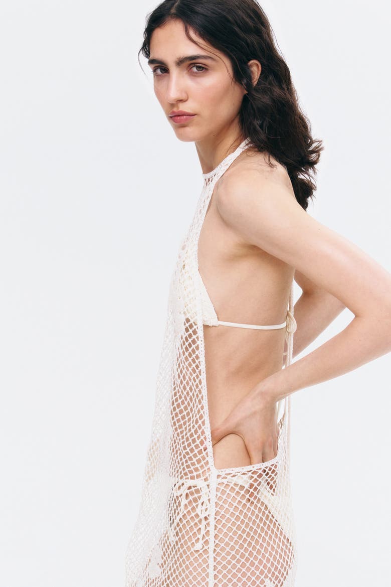 Beaded Crochet-look Halterneck Dress, Alternate, color, Cream