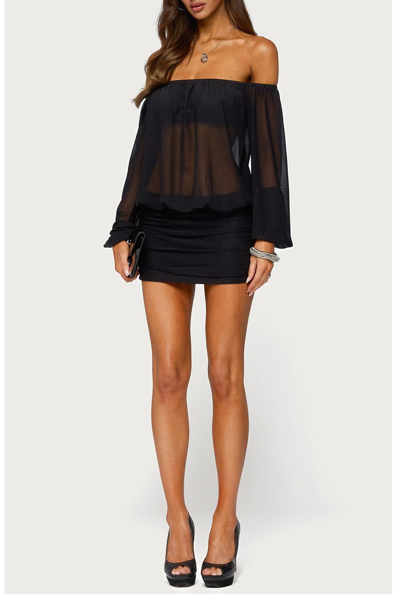 Jorie Off the Shoulder Mesh Minidress, Main, color, BLACK