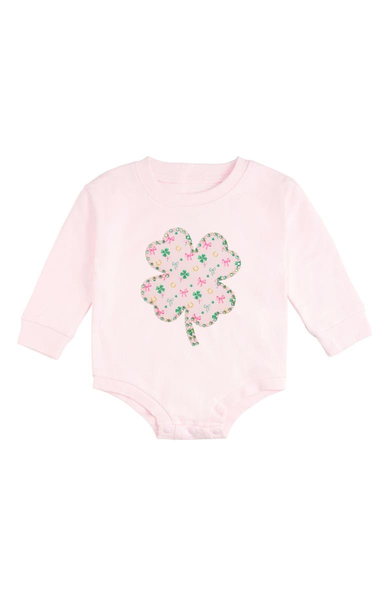 Sweet Wink Ditsy Shamrock Patch St. Patrick
s Day Long Sleeve Romper, Main, color, Ballet Pink