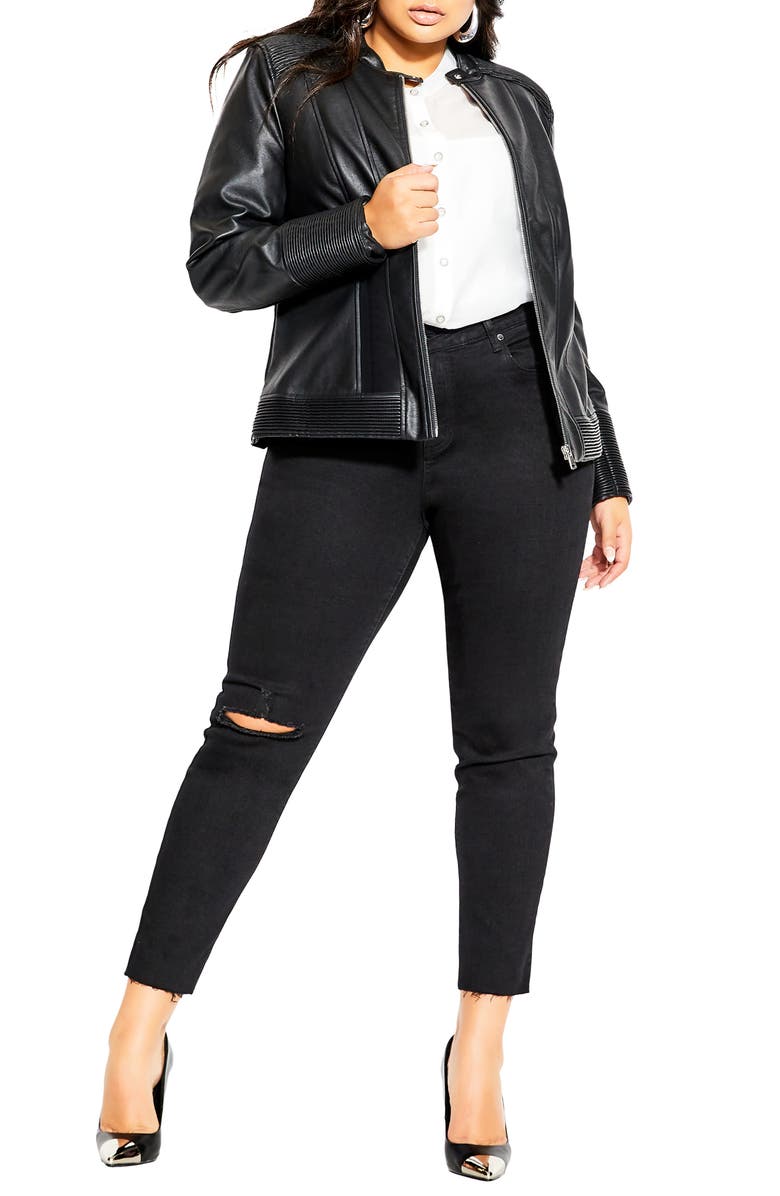 City Chic Ribbed Faux Leather Biker Jacket, Main, color, Black