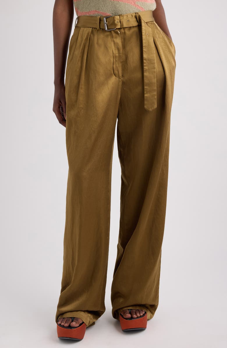 Dries Van Noten Peaches Belted Pleated Wide Leg Trousers, Main, color, Umber