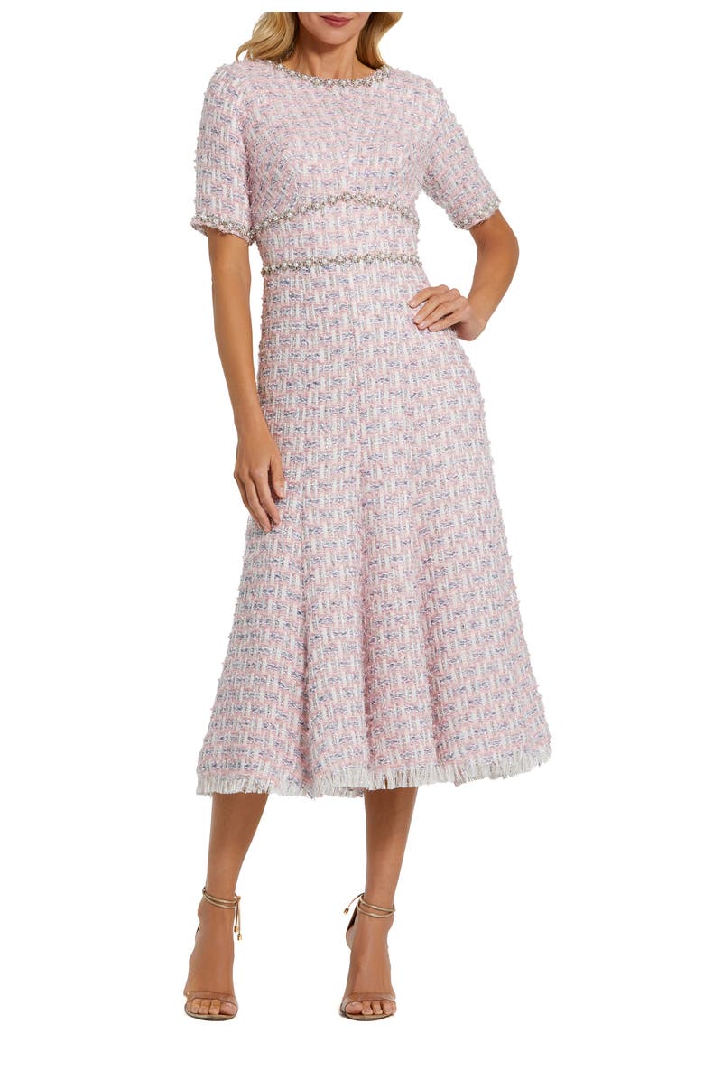 Mac Duggal Women's Short Sleeve Beaded Trim Boucle Midi Dress, Main, color, Pink Multi