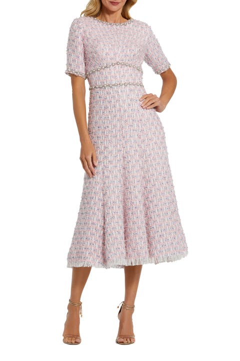 Women's Short Sleeve Beaded Trim Boucle Midi Dress