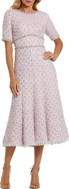 Mac Duggal Women's Short Sleeve Beaded Trim Boucle Midi Dress