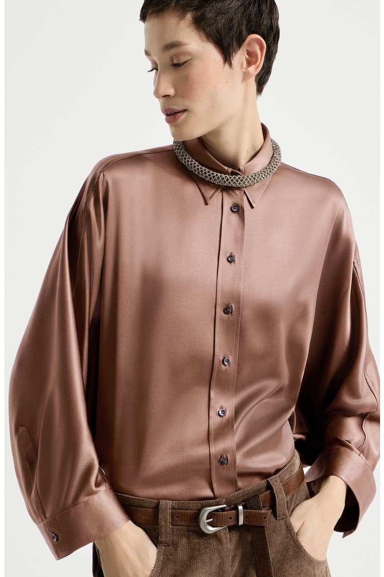 Stretch silk satin shirt with monili, Alternate, color, Dattero