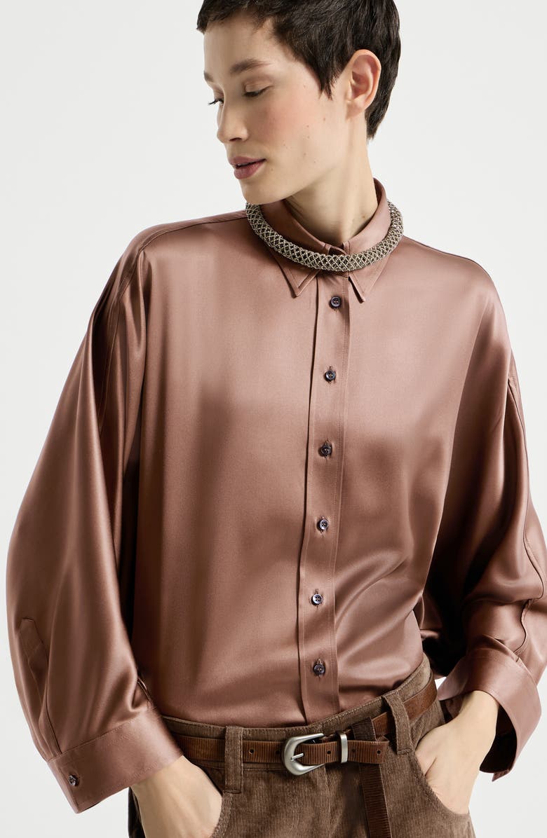Brunello Cucinelli Stretch silk satin shirt with monili, Alternate, color, Brown