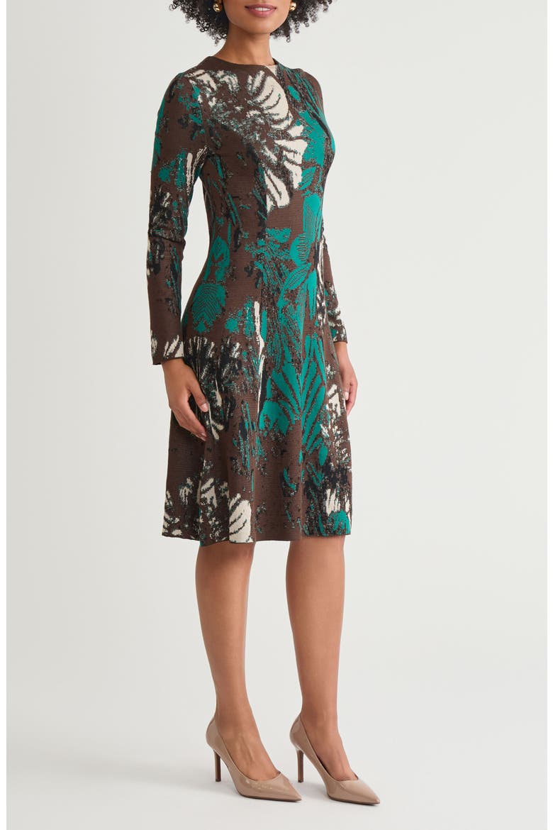 Floral Jacquard Long Sleeve Knit Dress, Alternate, color, EVEREST/ DARK UMBER/ BLACK