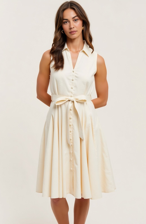 Modenaire Sleeveless Button-front Tie Waist Shirt Collar Fit-and-flare Dress In Neutral