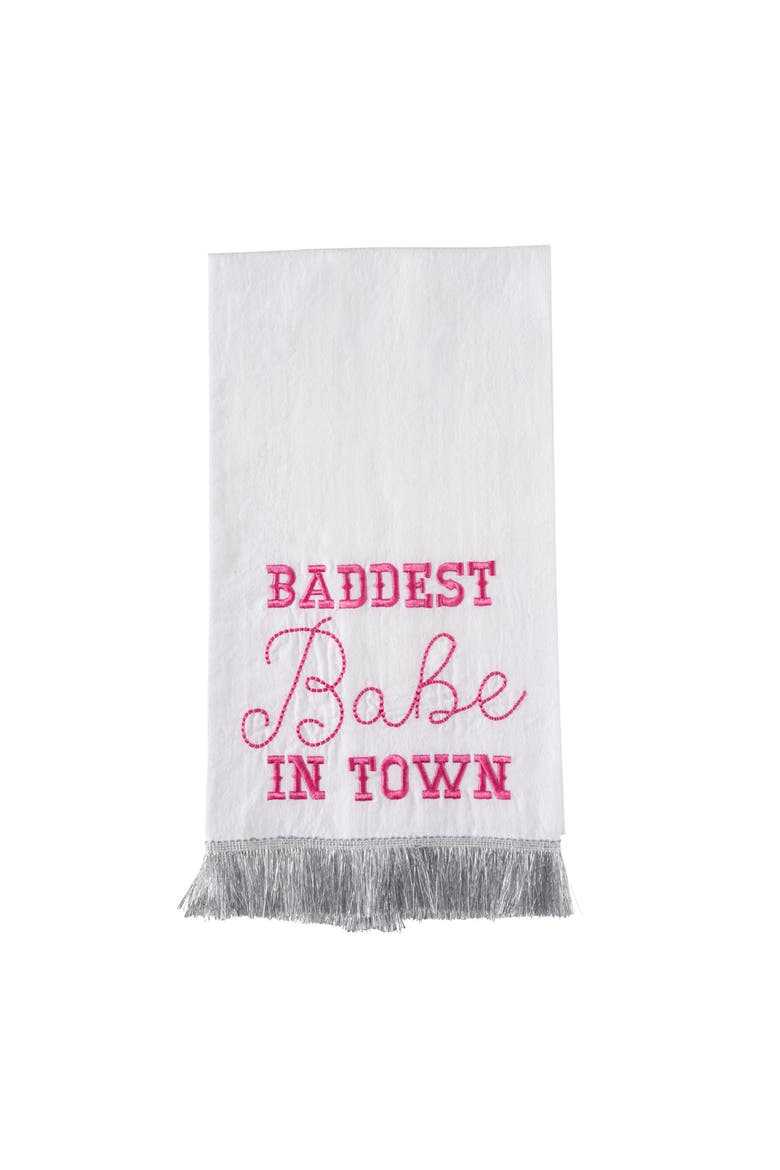 Baddest Babe Silver Fringe Tea Towel Cotton White, Main, color, White