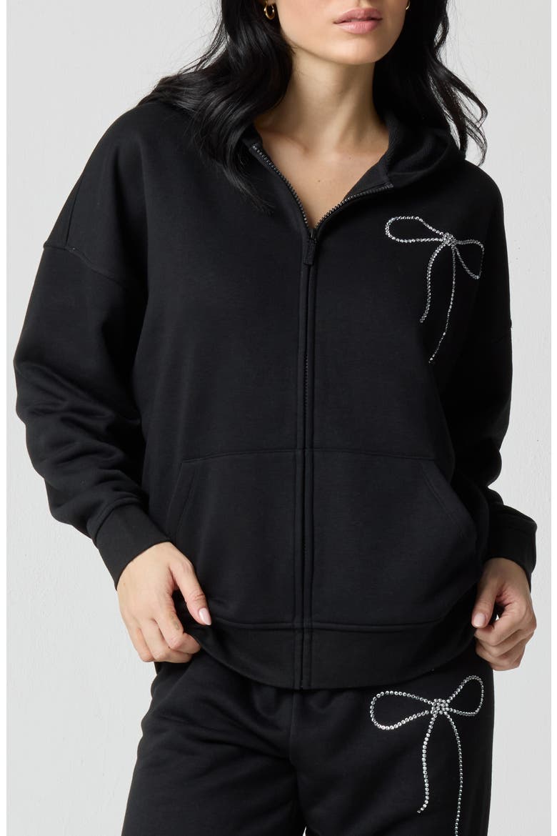 Crystal Bow Front Zip Hoodie, Main, color, BLACK