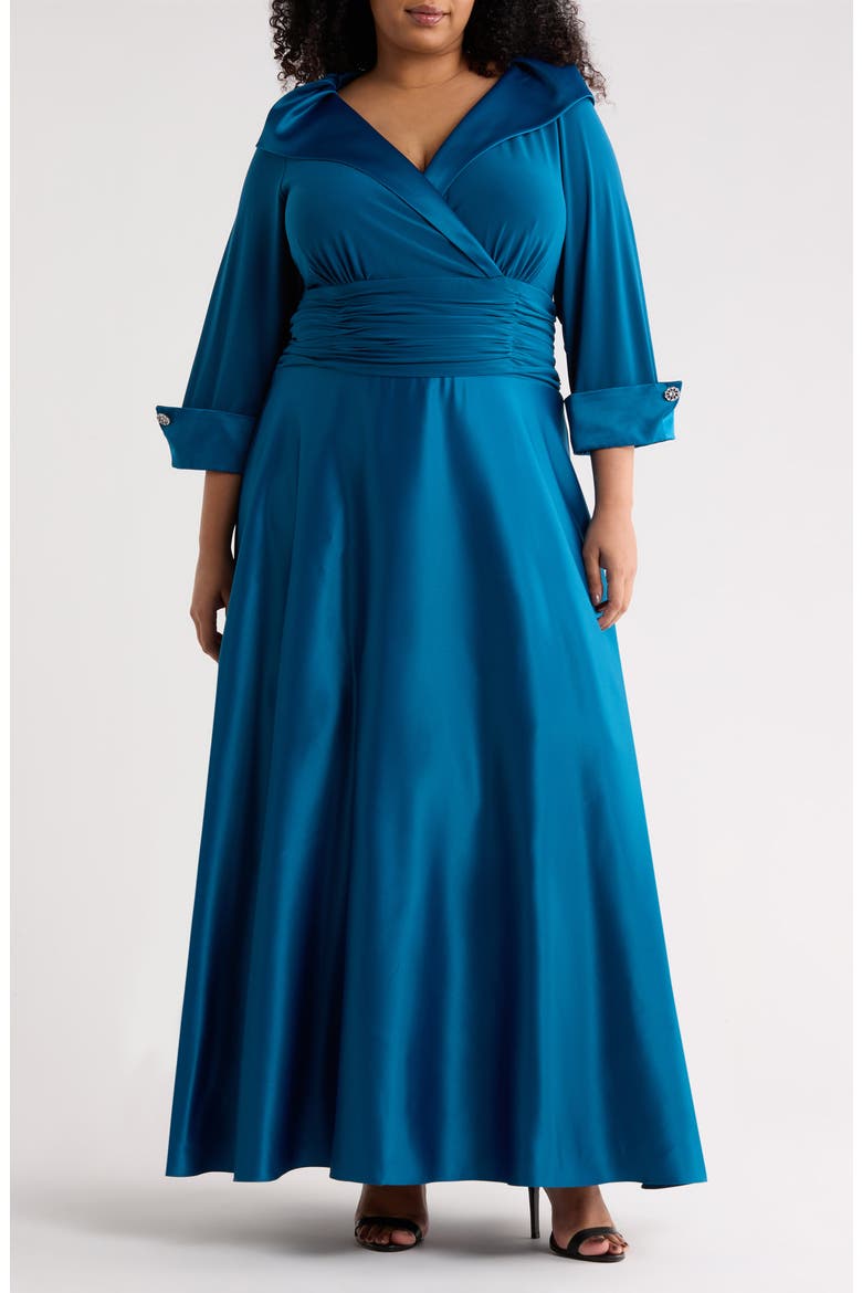 Rhinestone Button Cuff Sleeve Mixed Media Gown, Main, color, PEACOCK