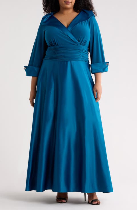 Rhinestone Button Cuff Sleeve Mixed Media Gown (Plus)