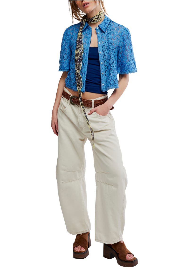 Mannie Floral Lace Button-Up Crop Shirt, Alternate, color, BLISSFUL BLUE