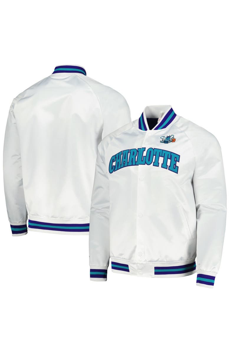 Mitchell & Ness Men's Mitchell & Ness White Charlotte Hornets Hardwood Classics  Throwback Wordmark Raglan Full-Snap Jacket, Main, color, 