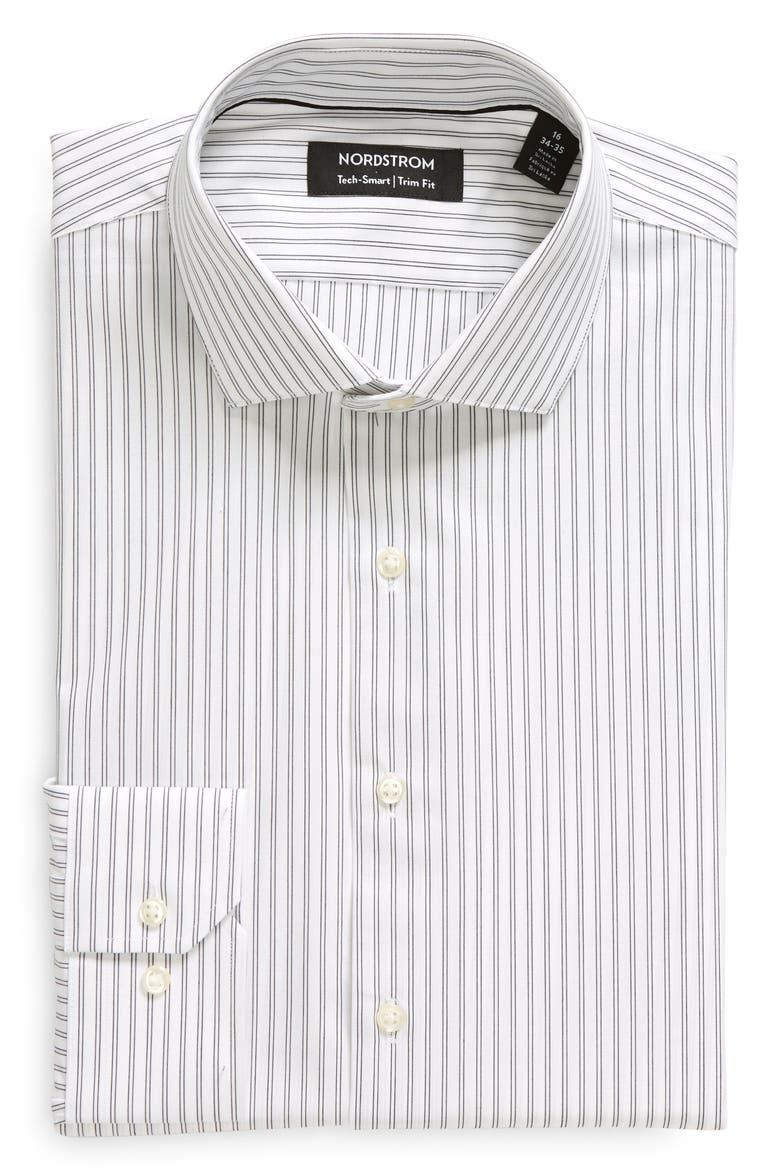 Trim Fit Stripe Tech-Smart CoolMax® Non-Iron Dress Shirt, Main, color, WHITE BLACK THIN DOUBLE STRIPE