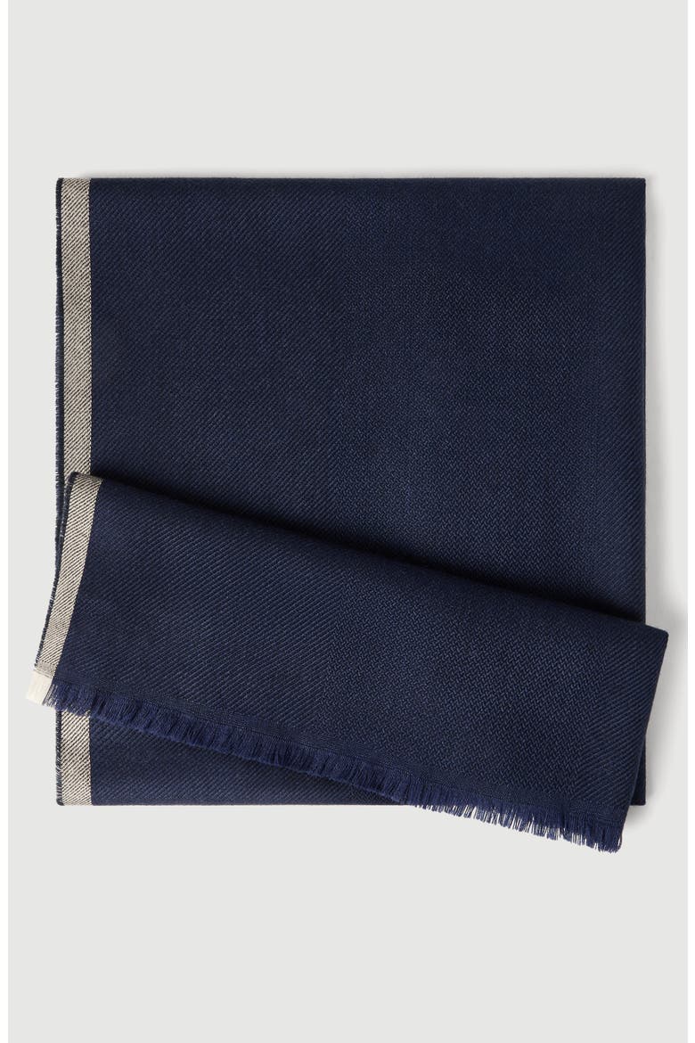 Wool and cashmere diagonal scarf with striped edge, Alternate, color, Blue