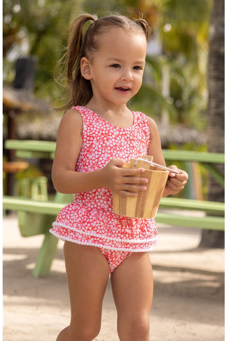 Ditsy Bloom Skirted One-Piece Swimsuit, Alternate, color, RED