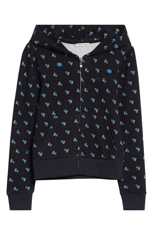 Sandy Liang Cardomom Floral Print Full Zip Hoodie In Blue