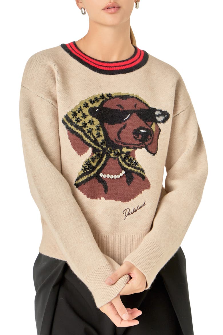 Beaded Dachshund Sweater, Main, color, OATMEAL