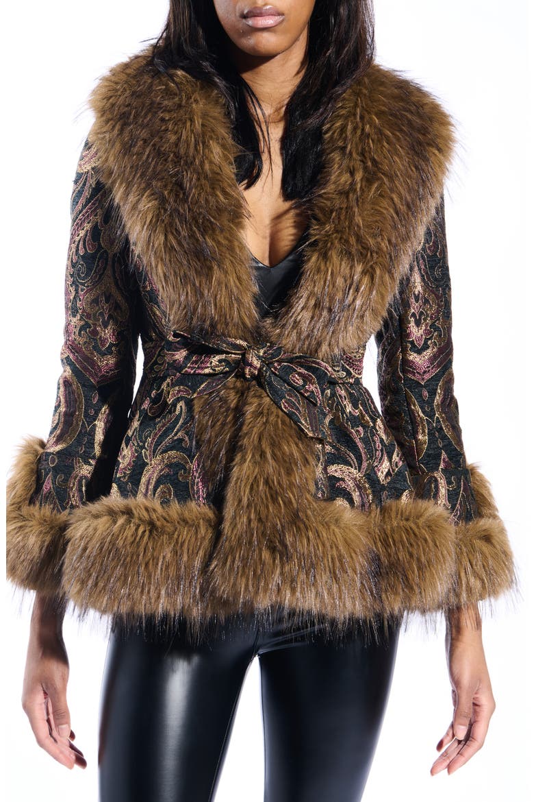 Kenzy Belted Jacquard & Faux Fur Coat, Alternate, color, BLACK MULTI