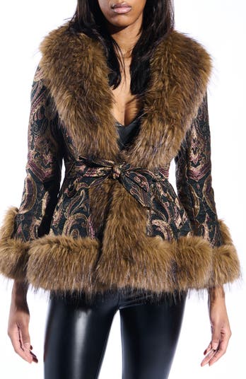 Kenzy Belted Jacquard & Faux Fur Coat