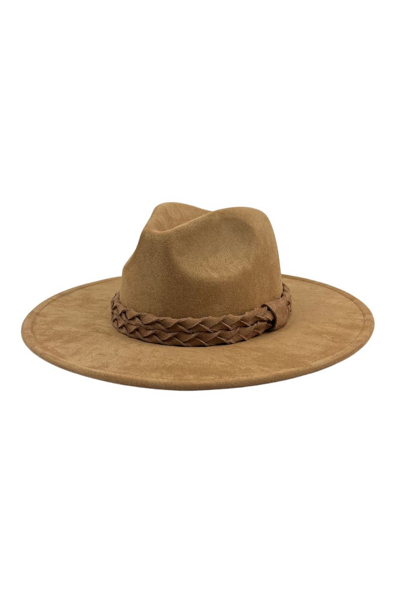 Vegan Suede Braid Felt Fedora, Main, color, CAMEL
